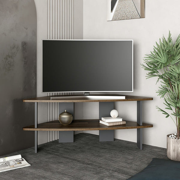 Mobile Angolare Porta TV 'Fredensborg' a 2 Ripiani - Effetto Legno Intarsiato / Antracite [en.casa]