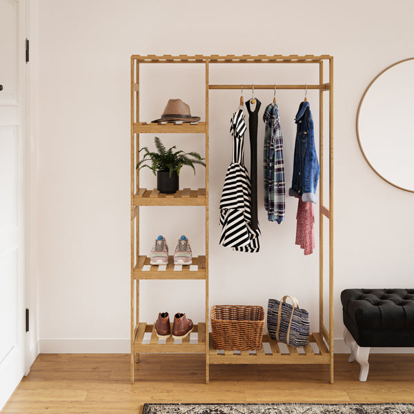 Stand Appendiabiti 'Smørum' 160 x 100 x 30 cm Organizzatore Guardaroba con Barra Porta Abiti e Ripiani Laterali Struttura in Legno di Pino [en.casa]