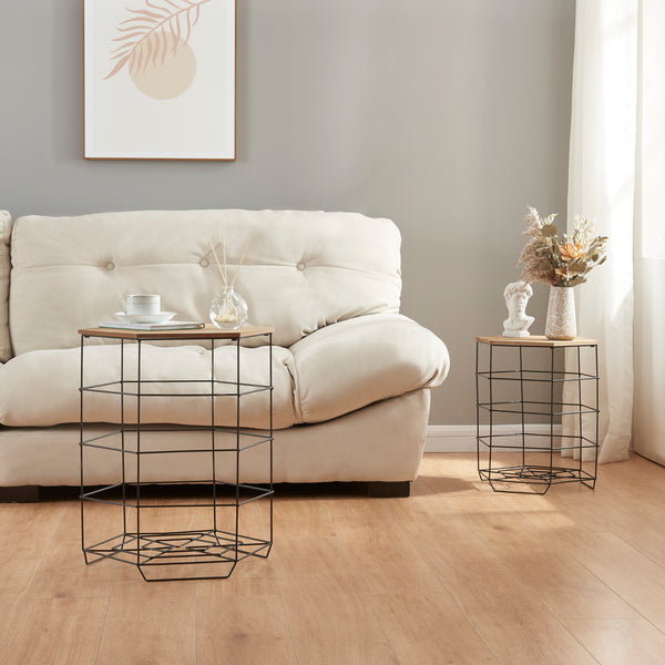 Set di tavolini Hørsholm set da 2 cestino in metallo nero / colore legno [en.casa]