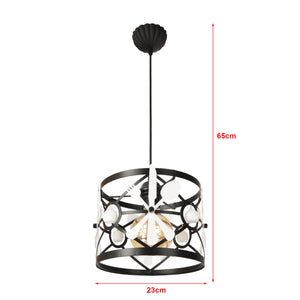 Lampada a Sospensione per Sala Pranzo Cucina Lampadario con Paralume Cilindrico con Disegno Posate e Pendenti Sferici - Nero / Bianco - lux.pro