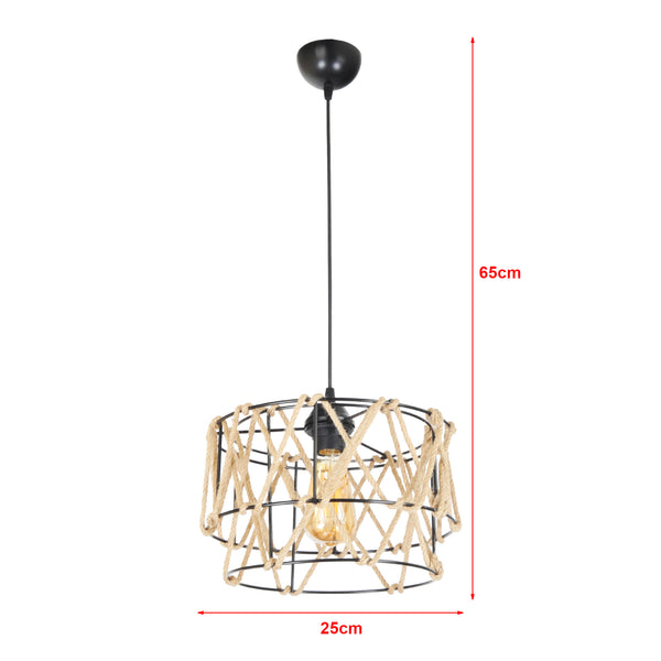 Lampada a Sospensione 'Maryport' Lampadario con Paralume a Gabbia con Corda - Nero / Naturale - lux.pro