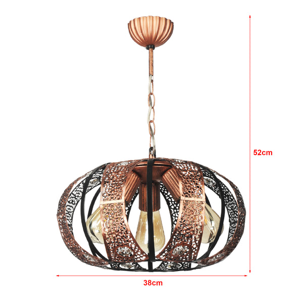 Lampada a Sospensione 'Harpenden' con 3 Fonti Luce Lampada da Soffitto con Paralume Sferico Ovale Struttura Semiaperta Lampadario Vintage - color Rame - lux.pro
