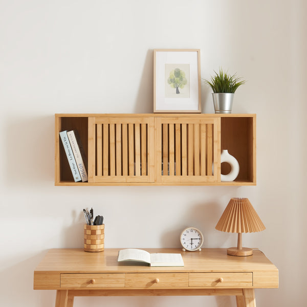 Mensola da parete Grums con due ante scorrevoli 92,5x20x33cm Bambù [en.casa]