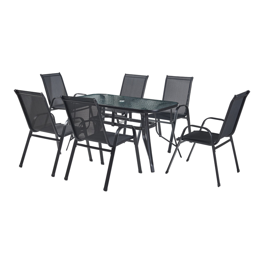 Set di Mobili da Giardino Aradeo Tavolo con Piano in Vetro e 6 Sedie Impilabili - Nero casa.pro