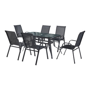 Set di Mobili da Giardino Aradeo Tavolo con Piano in Vetro e 6 Sedie Impilabili - Nero casa.pro