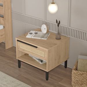 Comodino Kvænangen con Cassetto e Scomparto Aperto - Effetto Rovere / Rattan [en.casa]