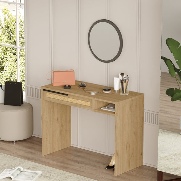 Tavolo da trucco Kvænangen 100x45x75 cm effetto quercia/rattan [en.casa]