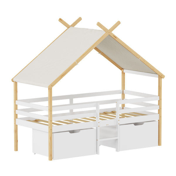 Letto Casetta per Bambini Surnadal 90x200 cm in Legno di Pino con Cassetti e Sbarre [en.casa] 