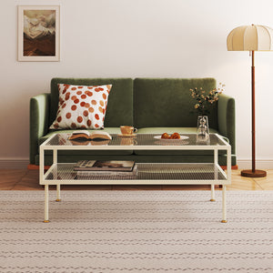 Tavolino Lindau in acciaio con piano in vetro 100x50x46 cm crema bianco [en.casa]