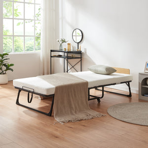 Letto pieghevole in metallo Lustendi con materasso 200x90cm Nero/effetto quercia [en.casa]