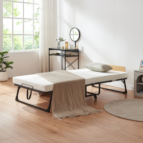 Letto pieghevole in metallo Lustendi con materasso 200x90cm Nero/effetto quercia [en.casa]