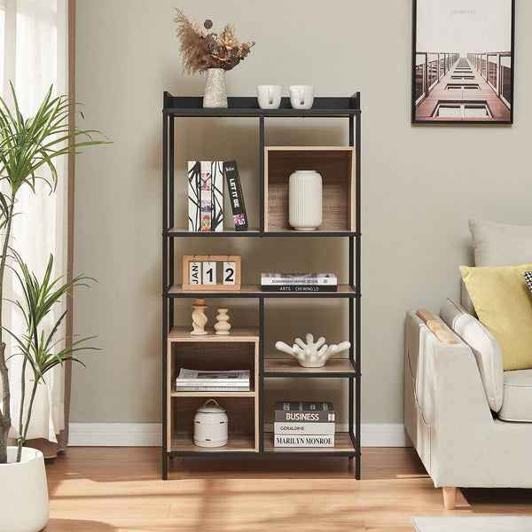 Libreria Belana Scaffale da Terra con Scomparti Aperti 137 x 70 x 33 cm - Nero/Effetto Rovere [en.casa]

