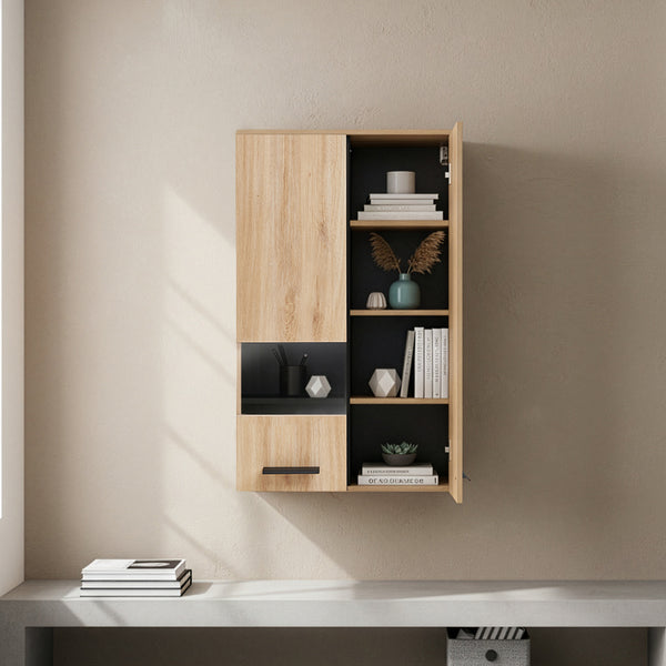 Mobile Pensile Noppen a Parete con 2 Ante e Finestrella 98 x 60 x 35 cm - Effetto Rovere [en.casa]