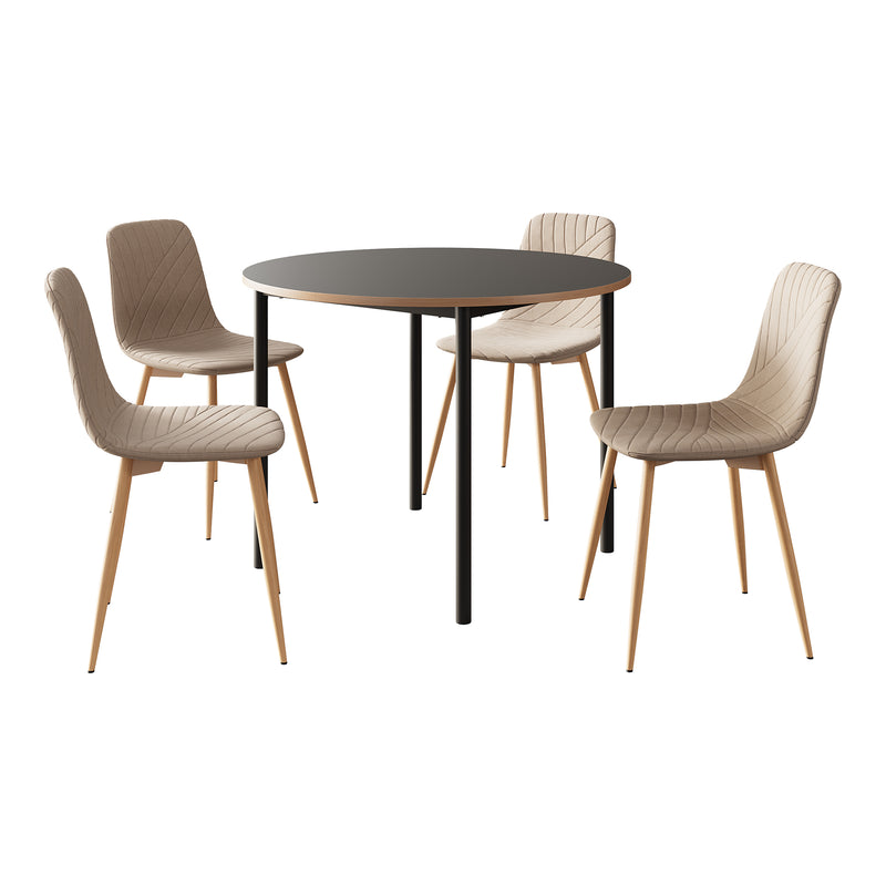 Schizzo in scala Set da Pranzo Lindesberg Tavolo Ø100 cm Grigio e 4 Sedie Tessuto Marrone Chiaro [en.casa]