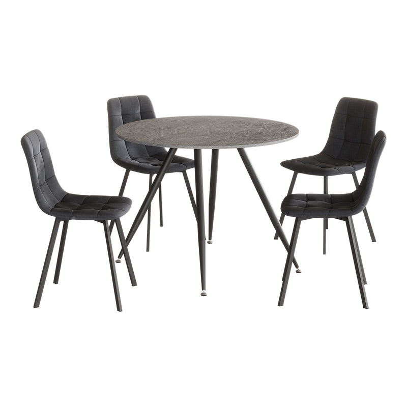 Schizzo in scala Set da Pranzo Fitjar Tavolo con Piano Rotondo Ø100 cm Effetto Cemento e 4 Sedie Effetto Velluto Grigio Scuro [en.casa]