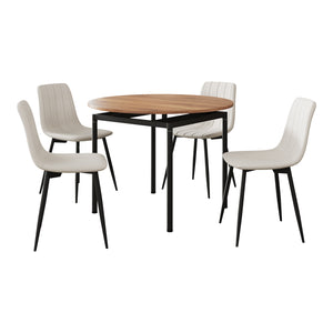 Set da Pranzo Hemnes Tavolo Rotondo Ø100 cm Effetto Rovere e 4 Sedie Tessuto Beige [en.casa]
