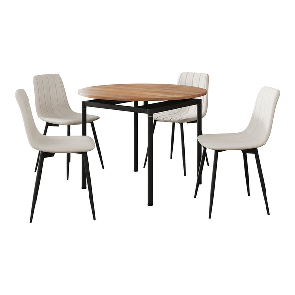 Set da Pranzo Hemnes Tavolo Rotondo Ø100 cm Effetto Rovere e 4 Sedie Tessuto Beige [en.casa]