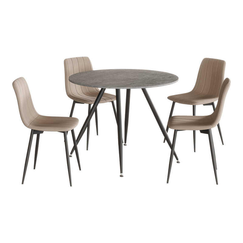Schizzo in scala Set da Pranzo Fitjar Tavolo Rotondo Ø100 cm Effetto Cemento e 4 Sedie Tessuto Marrone Chiaro [en.casa] 