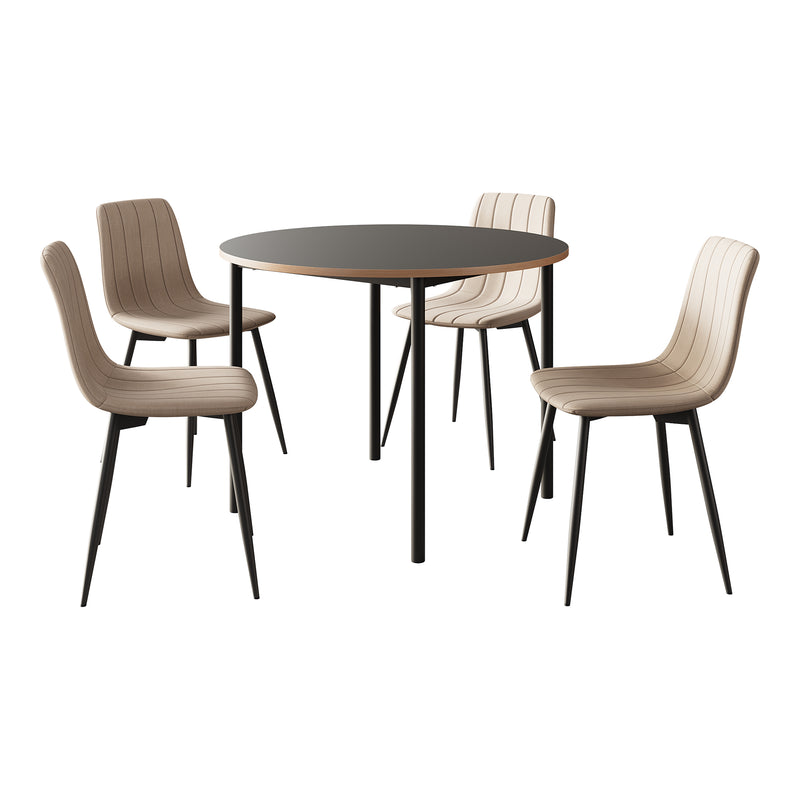 Schizzo in scala Set da Pranzo Lindesberg Tavolo Rotondo Ø100 cm Grigio e 4 Sedie Tessuto Marrone Chiaro [en.casa]