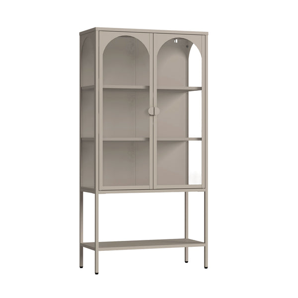Vetrina Klippestad Credenza Alta a 2 Ante in Vetro e Ripiano Aperto 160 x 80 x 35 cm - Grigio Caldo [en.casa]