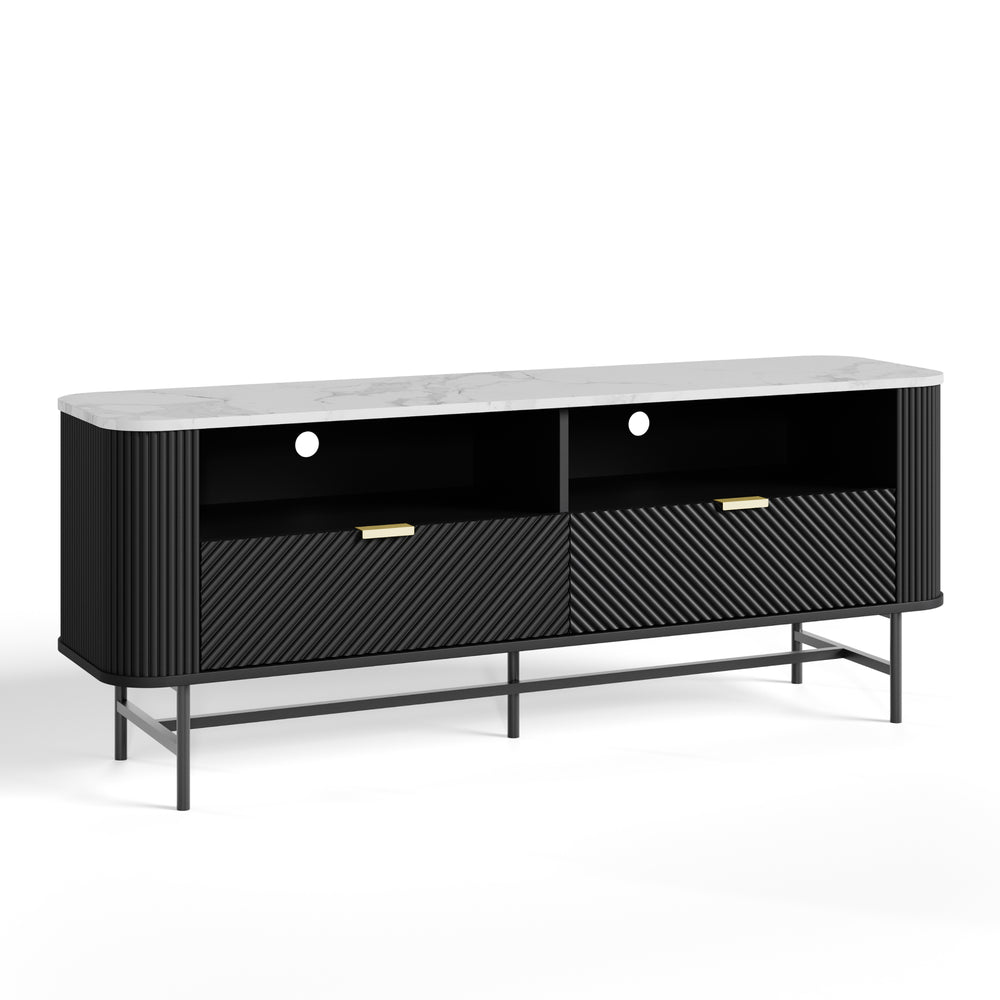 Mobile Porta TV Olvehok con Cassetti e Scomparti Aperti 140x40x55cm Nero / Effetto Marmo Bianco [en.casa] 