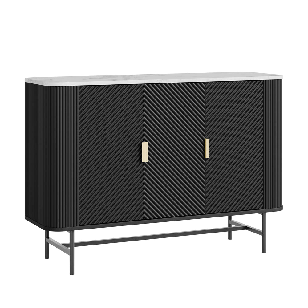 Mobile Contenitore Olvehok a 3 Ante Credenza con 4 Scomparti 110 x 40 x 77 cm - Nero / Effetto Marmo Bianco [en.casa]