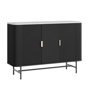Mobile Contenitore Olvehok a 3 Ante Credenza con 4 Scomparti 110 x 40 x 77 cm - Nero / Effetto Marmo Bianco [en.casa]