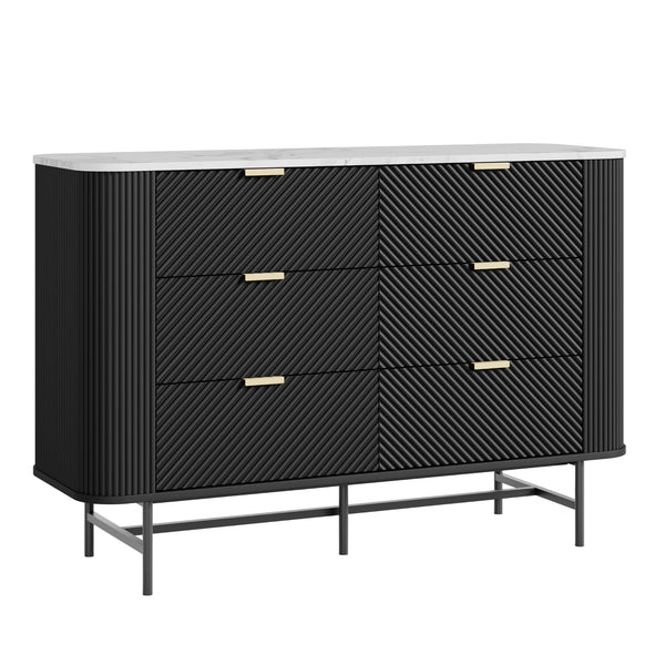 Comò a 6 Cassetti Olvehok Cassettiera 120 x 40 x 81 cm - Nero/Effetto Marmo Bianco [en.casa]