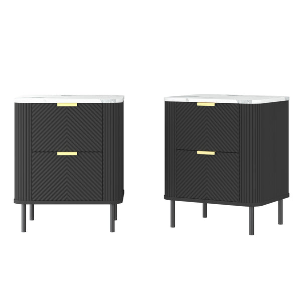 Set di 2 Comodini Olvehok con 2 Cassetti 55 x 52 x 38 cm - Nero / Effetto Marmo Bianco [en.casa] 