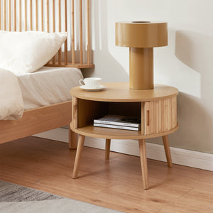 Comodino Rotondo Nordkapp a 2 Ante Scorrevoli in Bambù 45 x Ø60 cm - Naturale [en.casa]