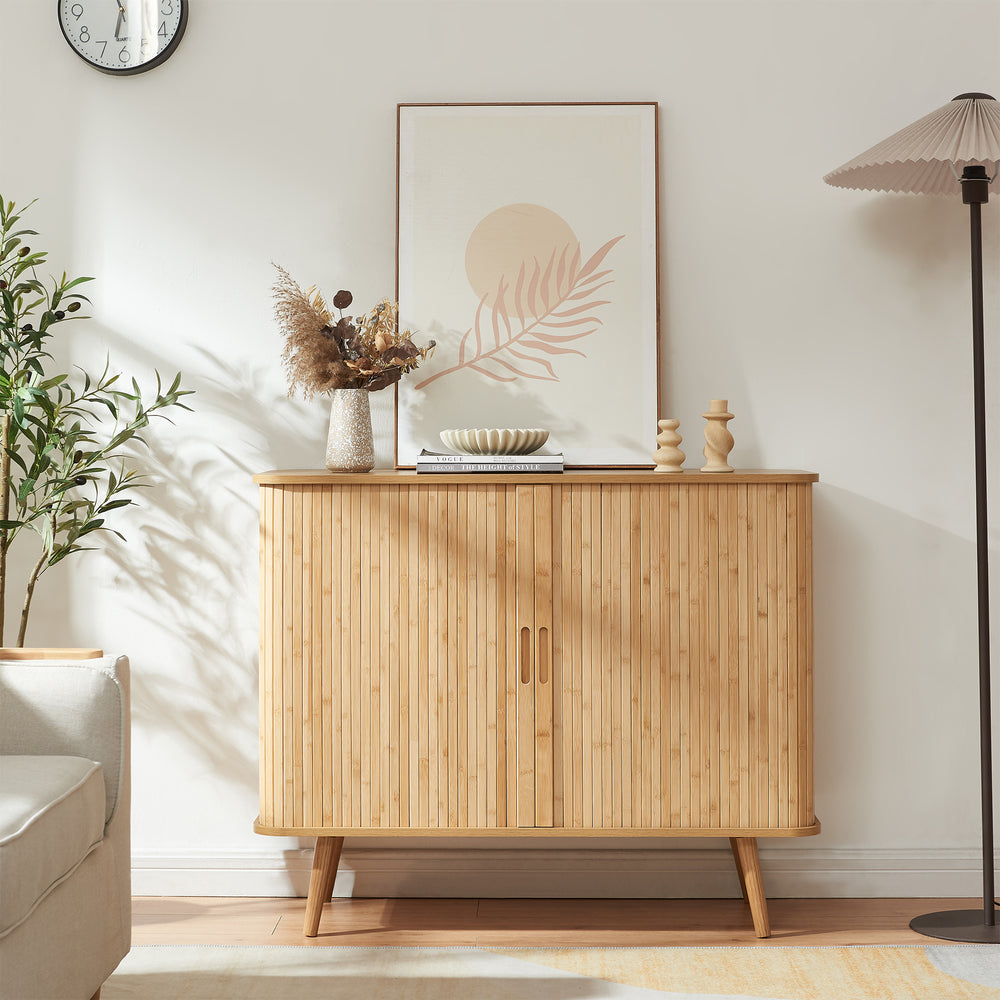 Mobile Contenitore Nordkapp con 2 Ante Scorrevoli in Bambù 100 x 40 x 80 cm - Color Naturale [en.casa]