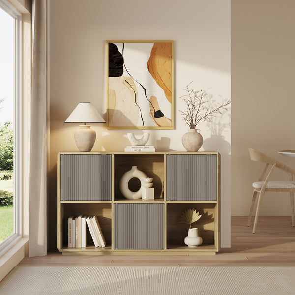 Credenza Trömi Mobile Buffet a 3 Ante e 6 Scomparti 75 x 120 x 30 cm - Effetto Rovere/Grigio [en.casa]