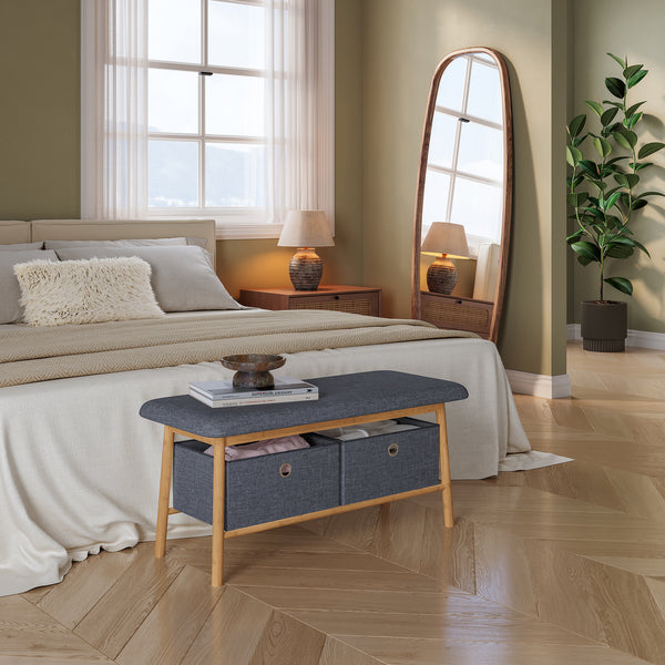 Panca da Scarpe Vad con Seduta Imbottita e 2 Contenitori in Tessuto 90 x 30 x 45 cm - Bambù Naturale / Grigio
