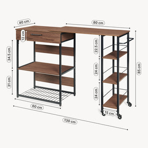 Scaffale da Cucina Kirhuskyna con Modulo Laterale Estraibile Girevole 130x40x85 cm Effetto Noce/Nero [en.casa]
