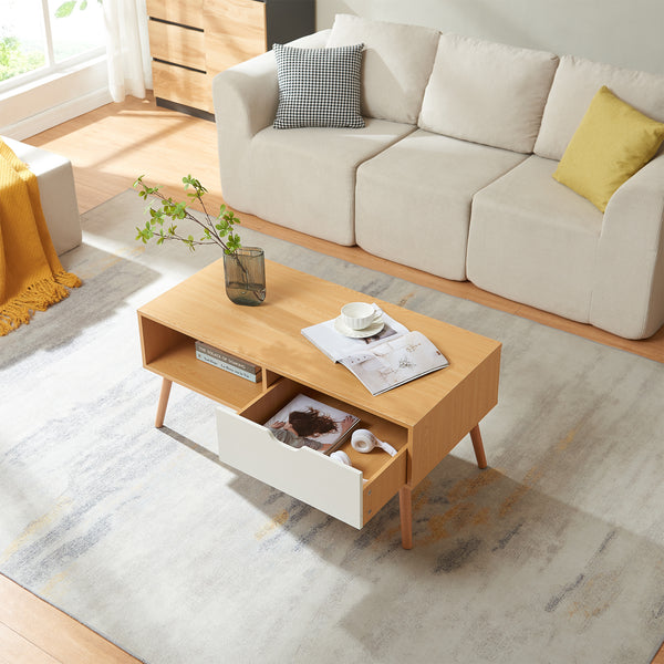 Tavolino Centrale da Caffè Bordkak con Cassetto 100 x 48 x 45 cm - Effetto Rovere / Bianco [en.casa]