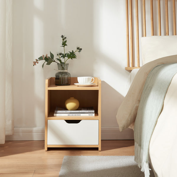 Comodino Bordkak 45x36x34 cm effetto quercia/bianco [en.casa]