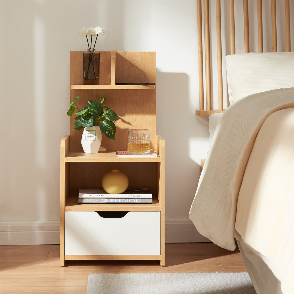 Comodino Bordkak con ripiano 75x35x30 cm effetto quercia/bianco [en.casa]