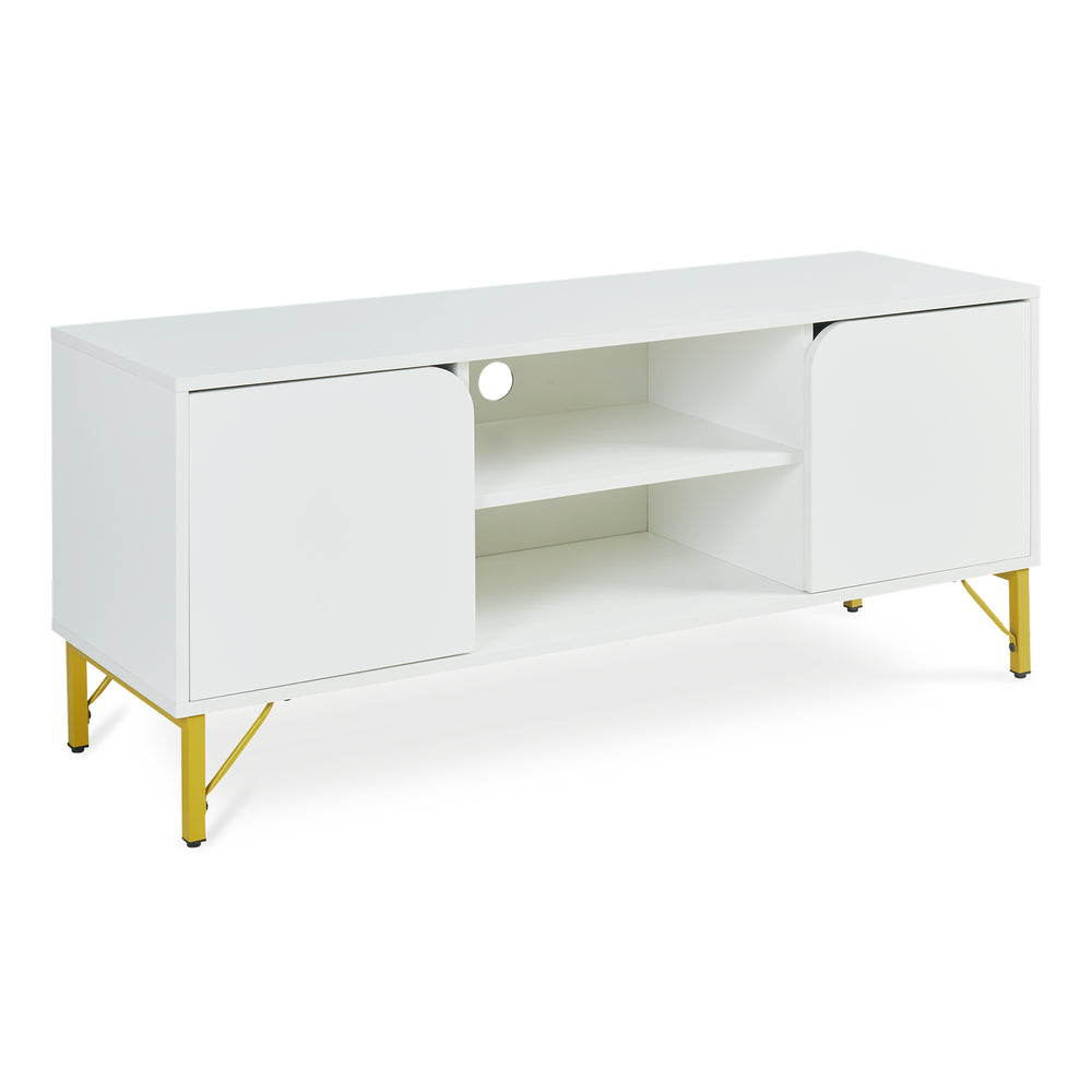 Mobile Porta TV Reyri a 2 Ante e 2 Vani Aperti 120 x 39 x 52 cm - Bianco/Dorato [en.casa]