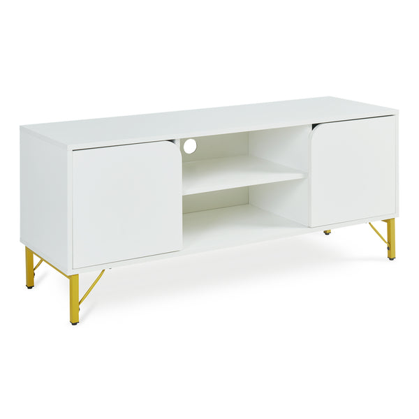 Mobile Porta TV Reyri a 2 Ante e 2 Vani Aperti 120 x 39 x 52 cm - Bianco/Dorato [en.casa]