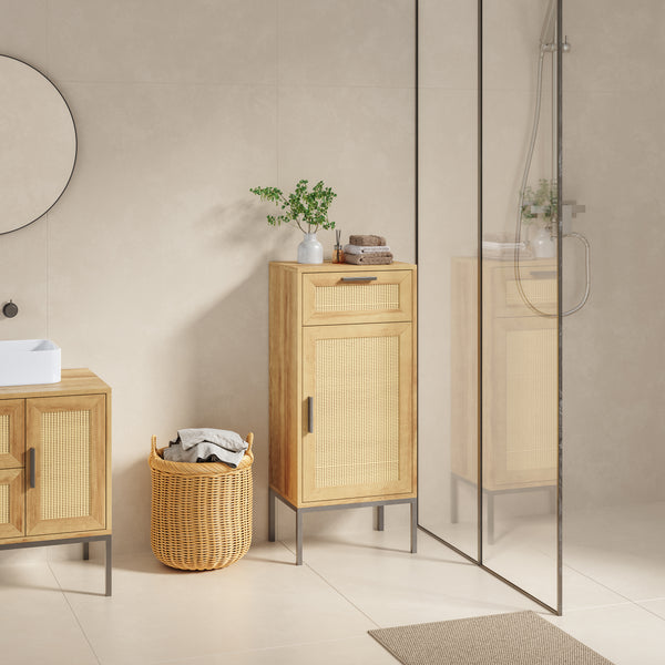 Mobile da Bagno Marhasa con Cassetto e Anta 92 x 40 x 30 cm - Effetto Rovere / Rattan / Nero [en.casa]