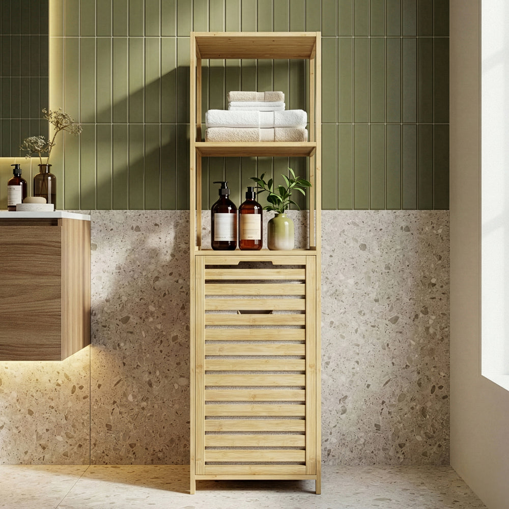 Scaffale da Bagno Anun in Bambù con Cesto Portabiancheria Rimovibile 130x36x33 cm - Effetto Legno [en.casa]