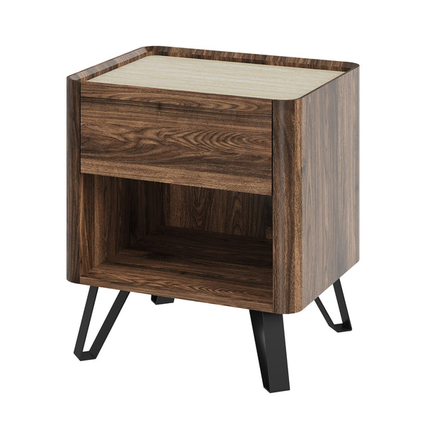 Comodino Trorlon 55x50x40 cm effetto noce/travertino [en.casa]