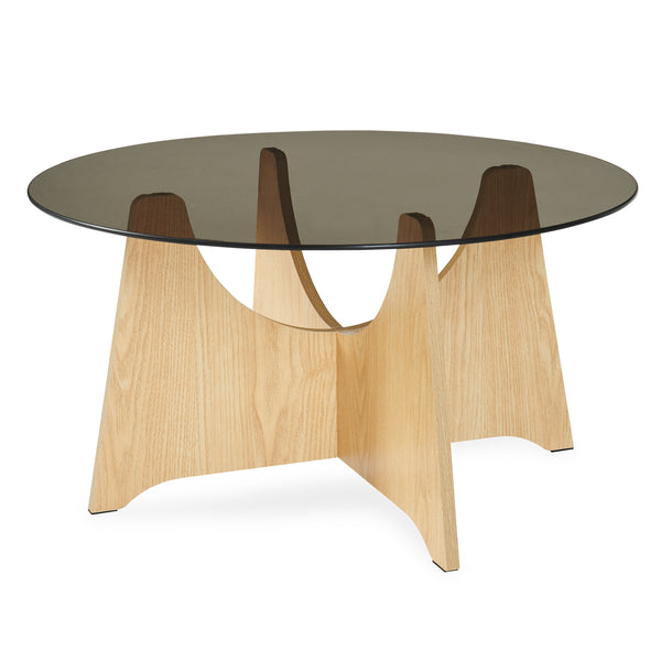 Tavolino da Salotto Omlar con Piano Rotondo in Vetro Fumé Ø70 x 35 cm - Effetto Rovere/Grigio Fumo [en.casa]
