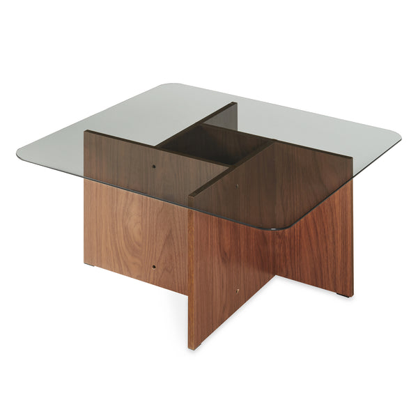 Tavolino da Caffè Benexjö con Piano Quadrato in Vetro 70 x 70 x 36 cm - Effetto Noce/Grigio [en.casa]