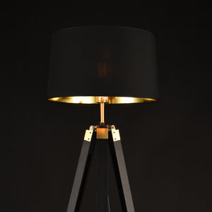 Lampada da Terra in Stile Treppiedi Alta 145 cm Piantana Tripode con Paralume Conico in Tessuto - Nero / Ottone - lux.pro