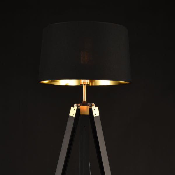Lampada da Terra in Stile Treppiedi Alta 145 cm Piantana Tripode con Paralume Conico in Tessuto - Nero / Ottone - lux.pro