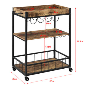 Carrello di Servizio con Vassoio Rimovibile e Ripiani in Color Legno Scuro Scaffale/Portavivande da Cucina/Mense con 4 Ruote Catering Ristorazione