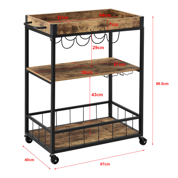 Carrello di Servizio con Vassoio Rimovibile e Ripiani in Color Legno Scuro Scaffale/Portavivande da Cucina/Mense con 4 Ruote Catering Ristorazione