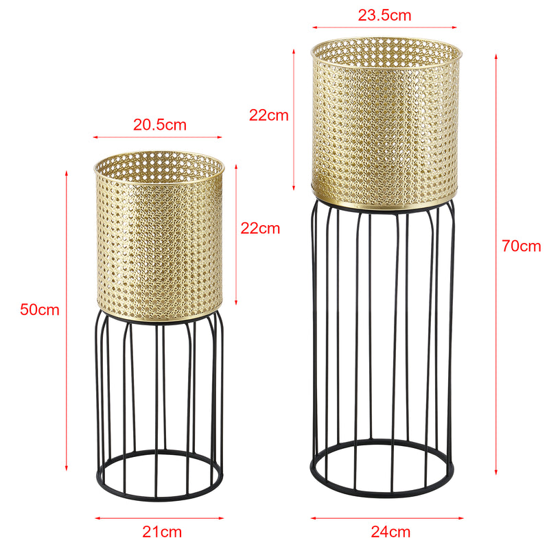 Schizzo in scala Set di 2 Portavasi in Metallo Supporto Nero per Piante in 2 Altezze Diverse con Coprivaso in Color Oro e Base Nero di Forma Cestello 