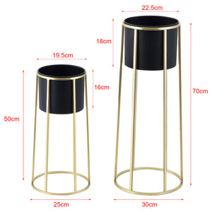 Set di 2 Portavasi in Metallo di Forma Rotonda Supporto in Color Oro per Piante in 2 Altezze Diverse con Coprivaso Nero